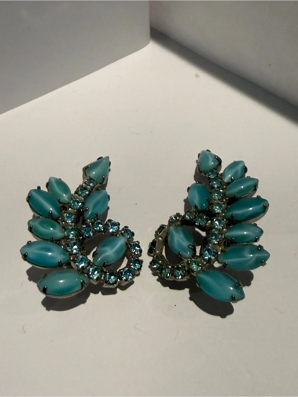 Vintage 1950s Blue Milk Glass Marquise Clip On Earrings Rhinestone Leaf Spray