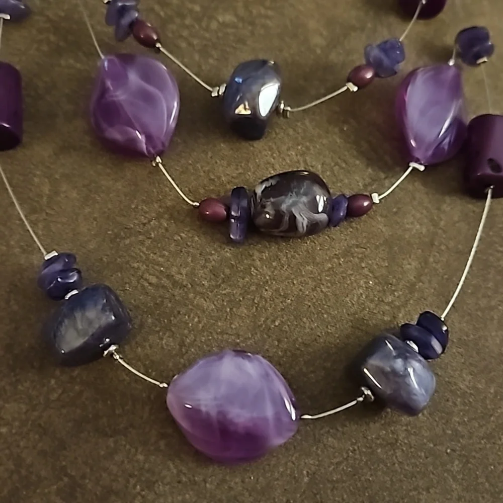 CHICO'S Purple Beaded Station Illusion Floating Layered Festival Necklace
