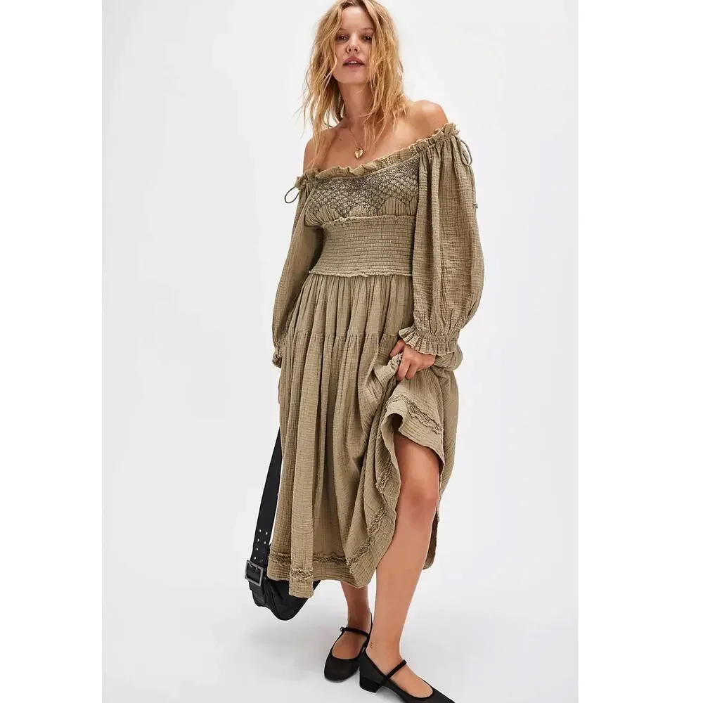 Free People Large Bohemian Witchy Gypsy Midi Maxi Gauze Dress Olive Renaissance