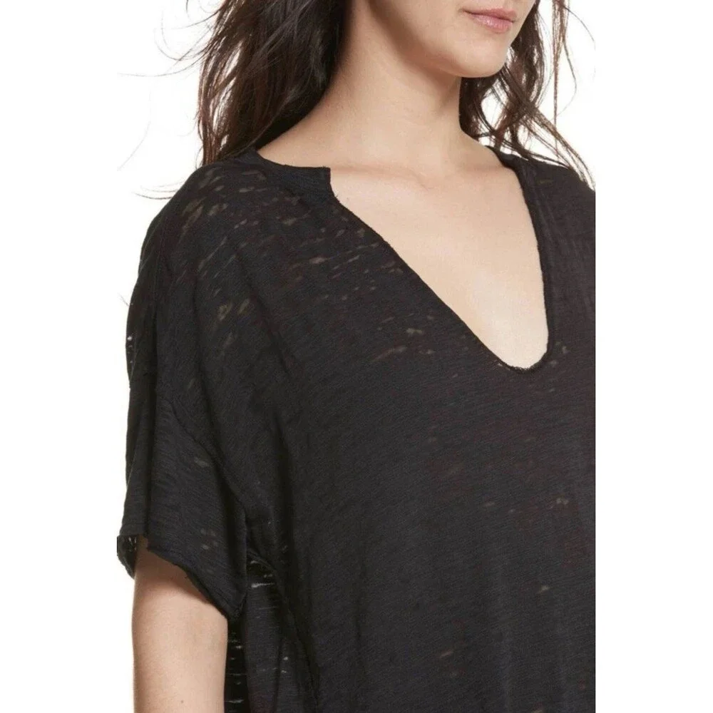Free People Maddie Burnout Tee Black Oversized V Neck Short Sleeve S