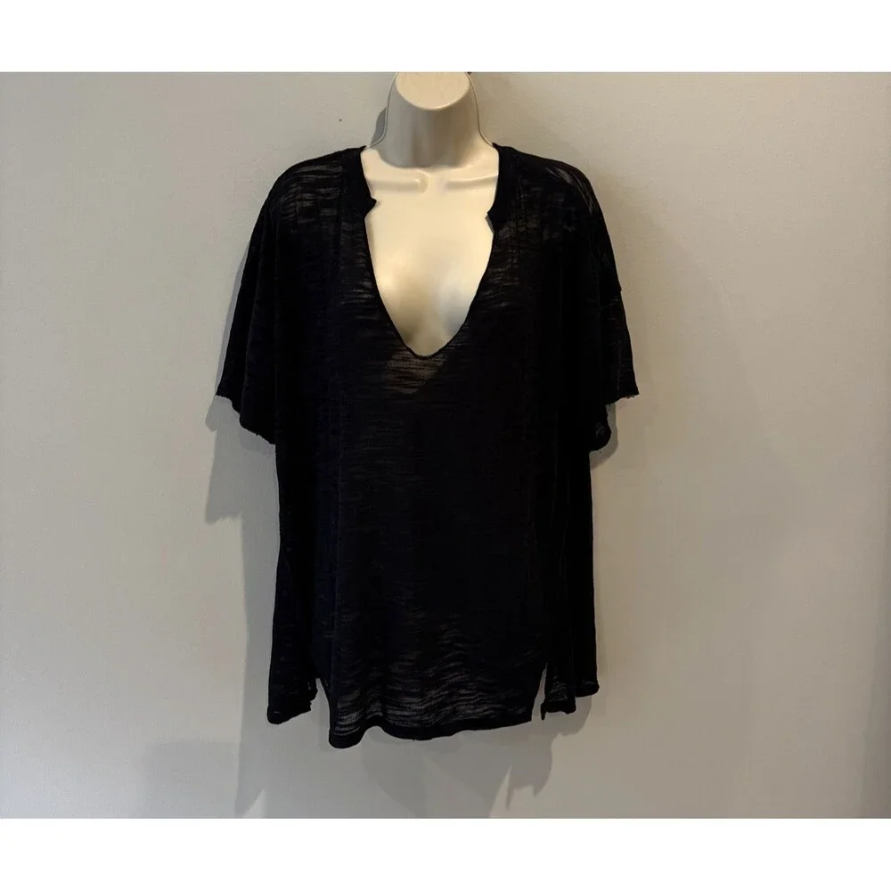 Free People Maddie Burnout Tee Black Oversized V Neck Short Sleeve S