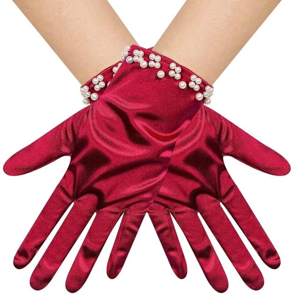 Women's Burgundy Satin Pearl Short Length Gloves Wedding Banquet Party Prom