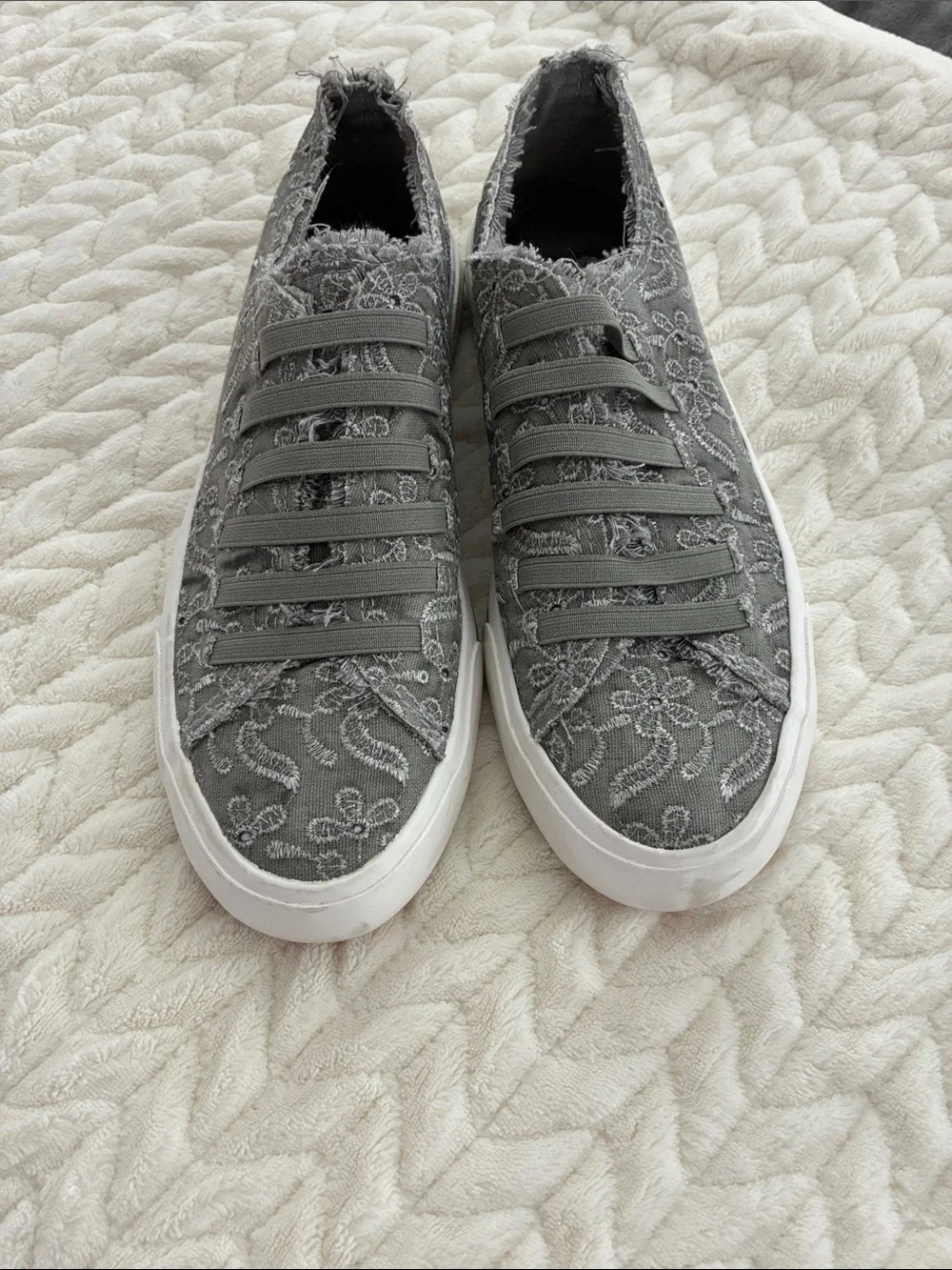 Lush Gray Frayed Slip-On Sneakers with Elastic Straps