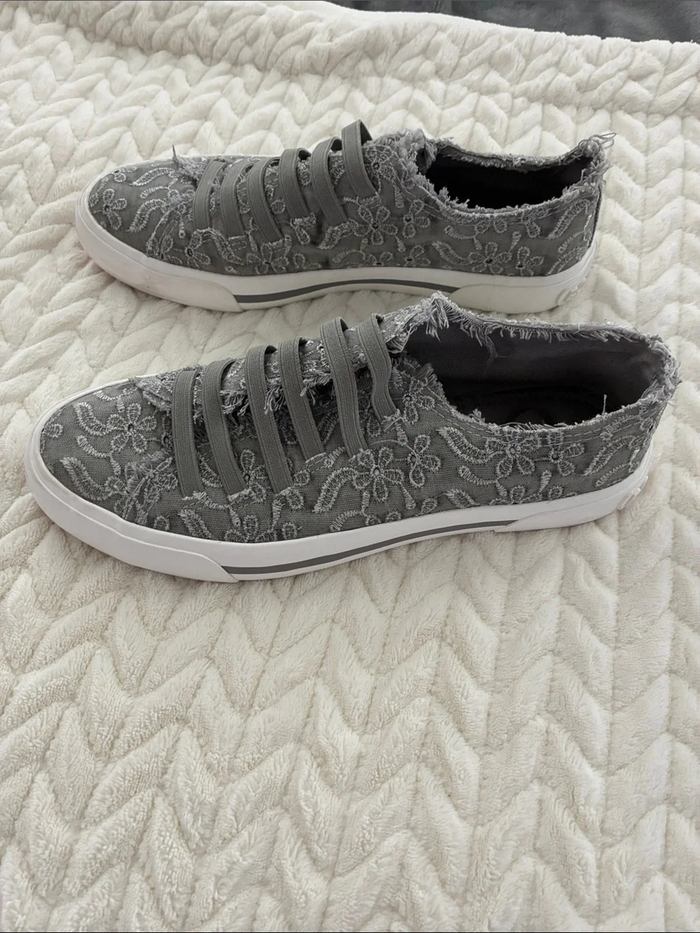 Lush Gray Frayed Slip-On Sneakers with Elastic Straps