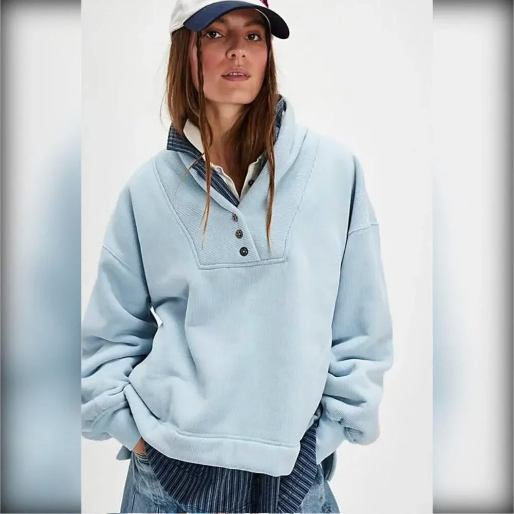 NEW Free People Mia Henley Sweatshirt Blue Womens XL Shawl‎ Collar Fleece Cozy