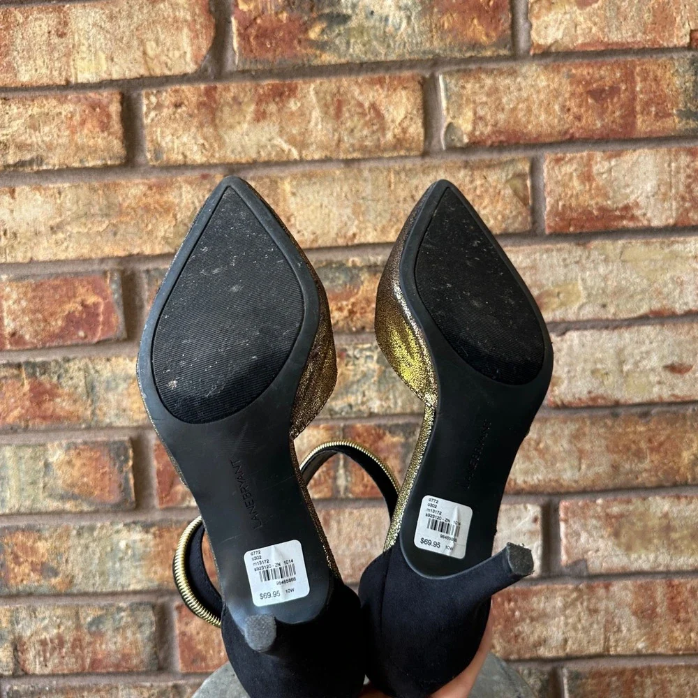 Lane Bryant Gold Metallic Pointed Toe Ankle Strap Kitten Heels Black 10W Wide