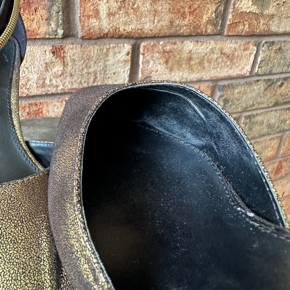 Lane Bryant Gold Metallic Pointed Toe Ankle Strap Kitten Heels Black 10W Wide