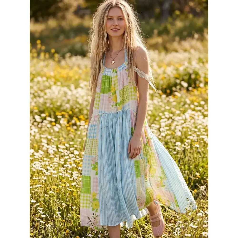 Free People Cottage Embroidered Patched And Pretty Halter Midi Maxi Dress Medium