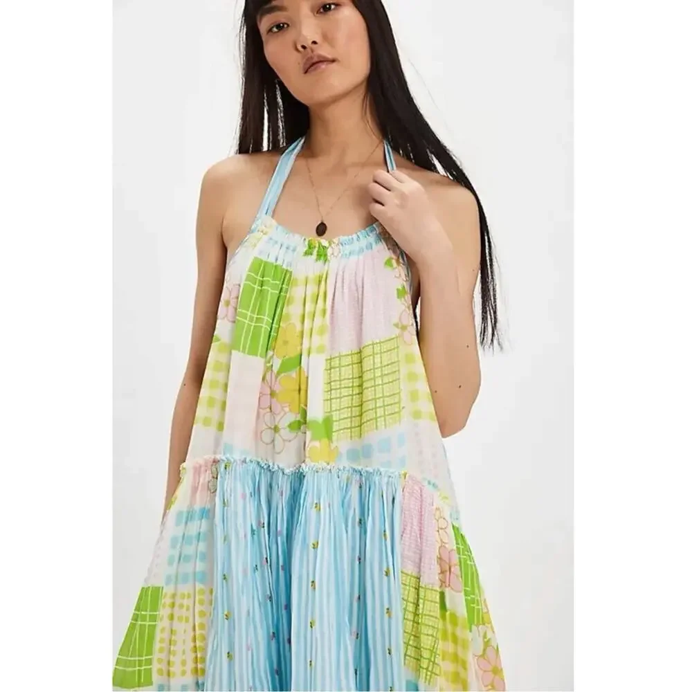 Free People Cottage Embroidered Patched And Pretty Halter Midi Maxi Dress Medium