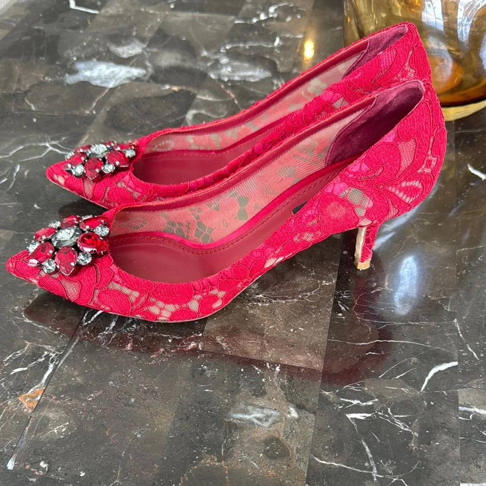 Dolce & Gabbana Red Lace Embellished Women's Shoes