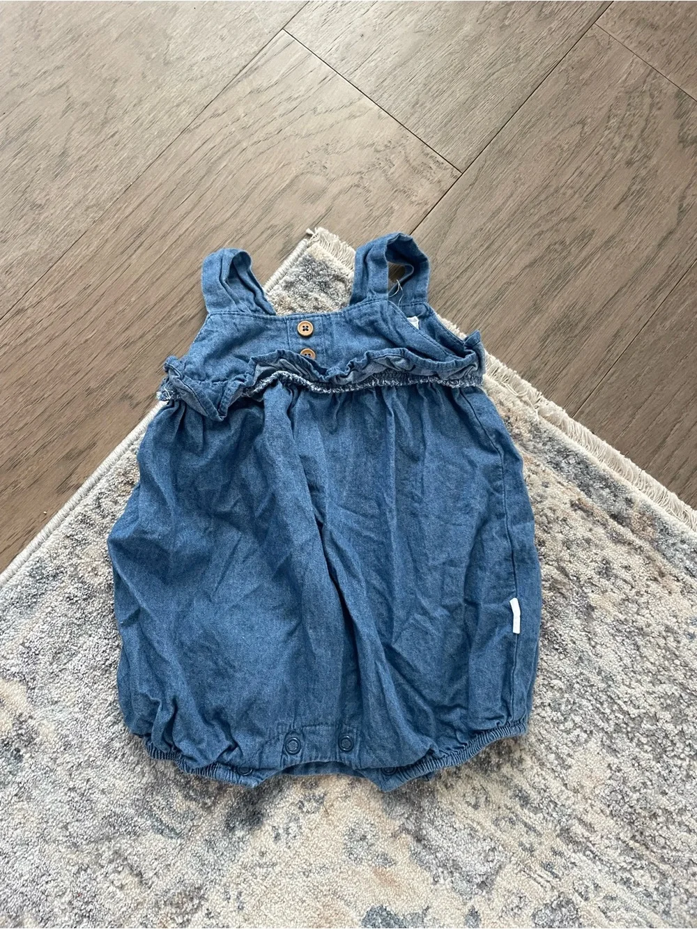 Tahari Blue Denim-Style Baby Romper with Ruffle Trim