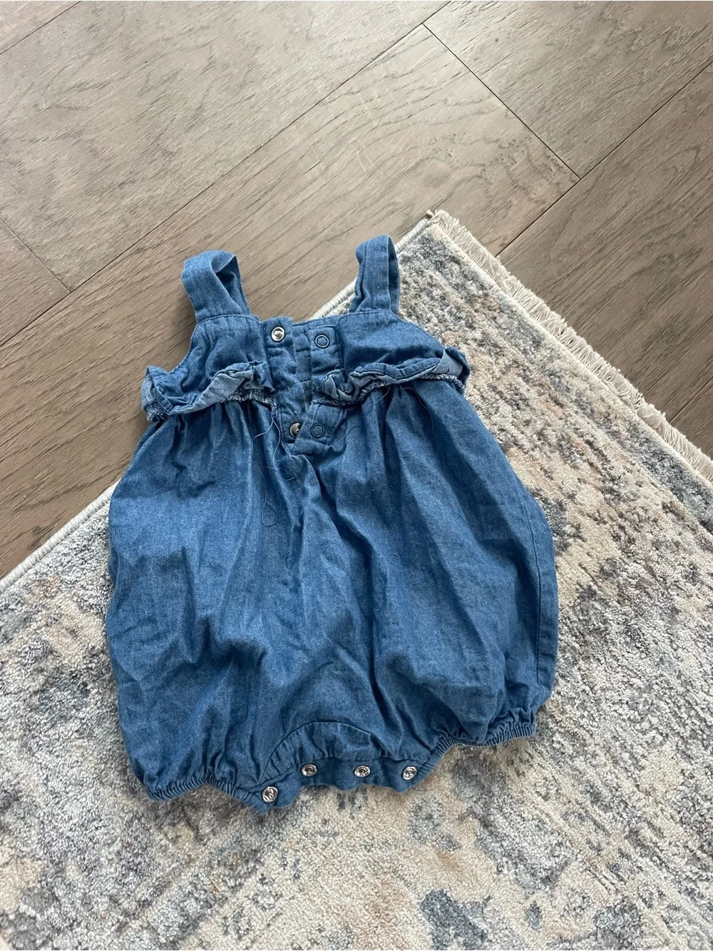 Tahari Blue Denim-Style Baby Romper with Ruffle Trim