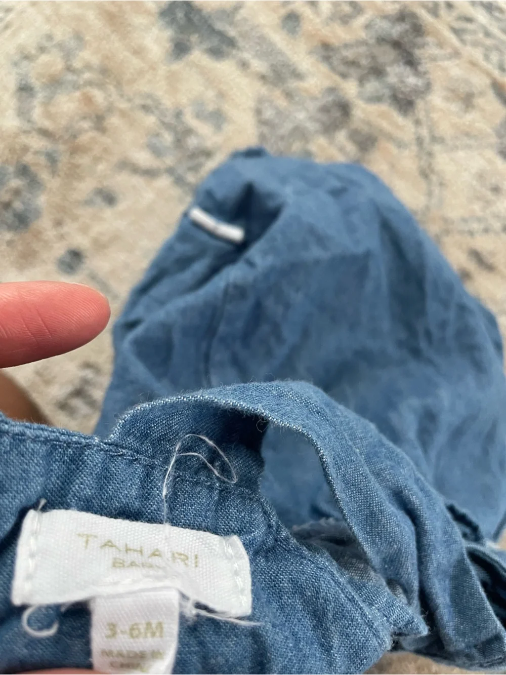Tahari Blue Denim-Style Baby Romper with Ruffle Trim