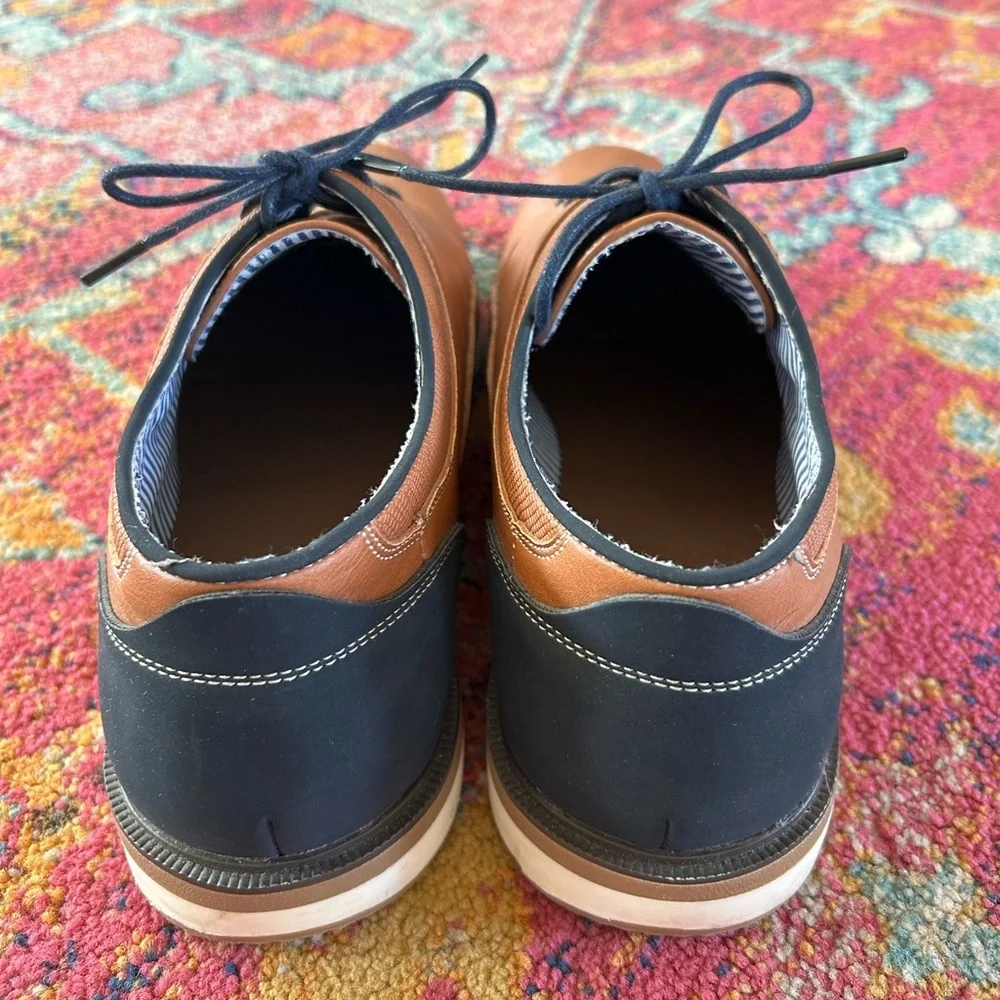 Men’s brown/navy lace up oxford dress shoes, white soles, navy laces, size 11