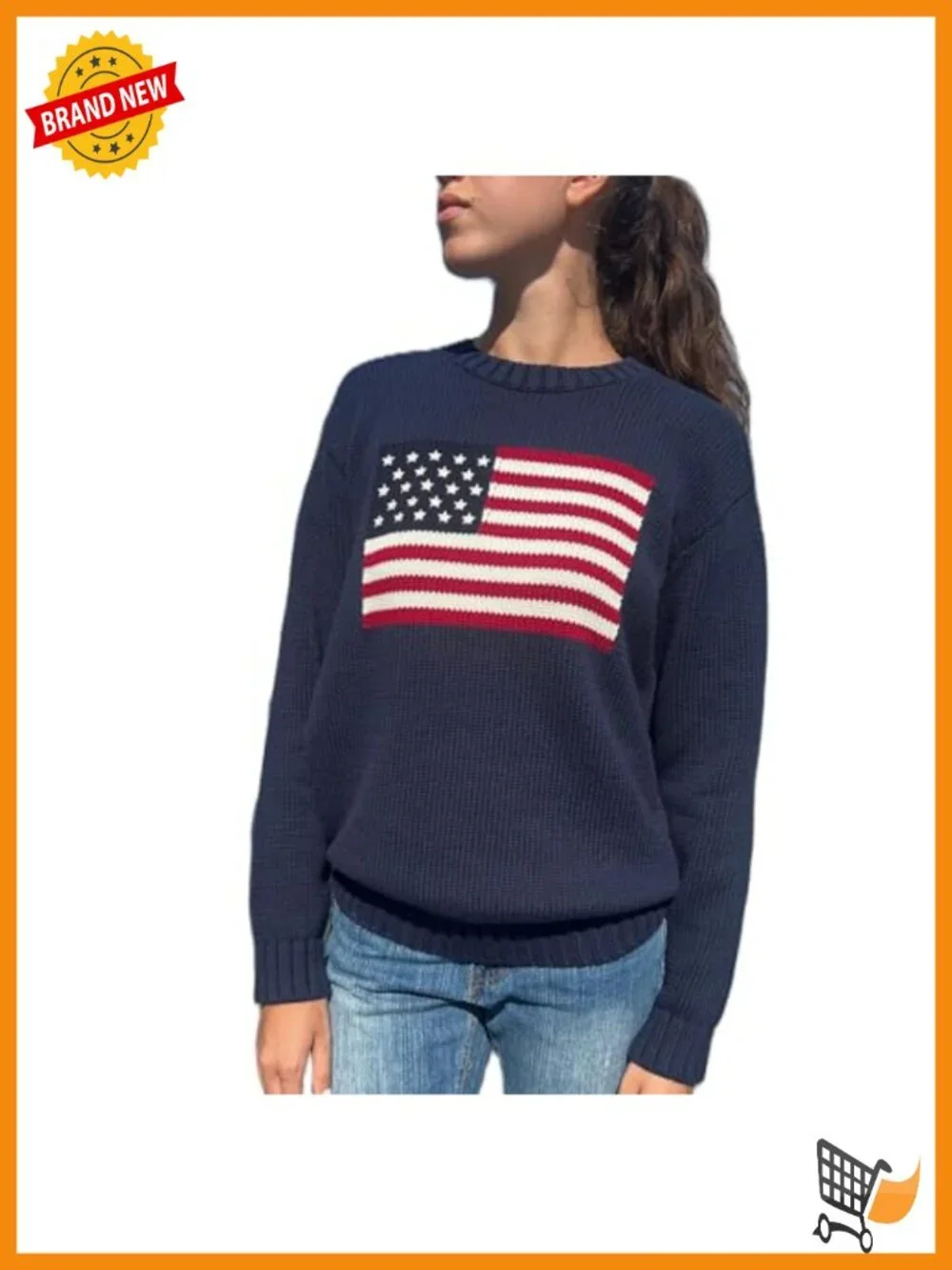 American Flag Crew Neck Loose Fit Knit Pullover Sweater