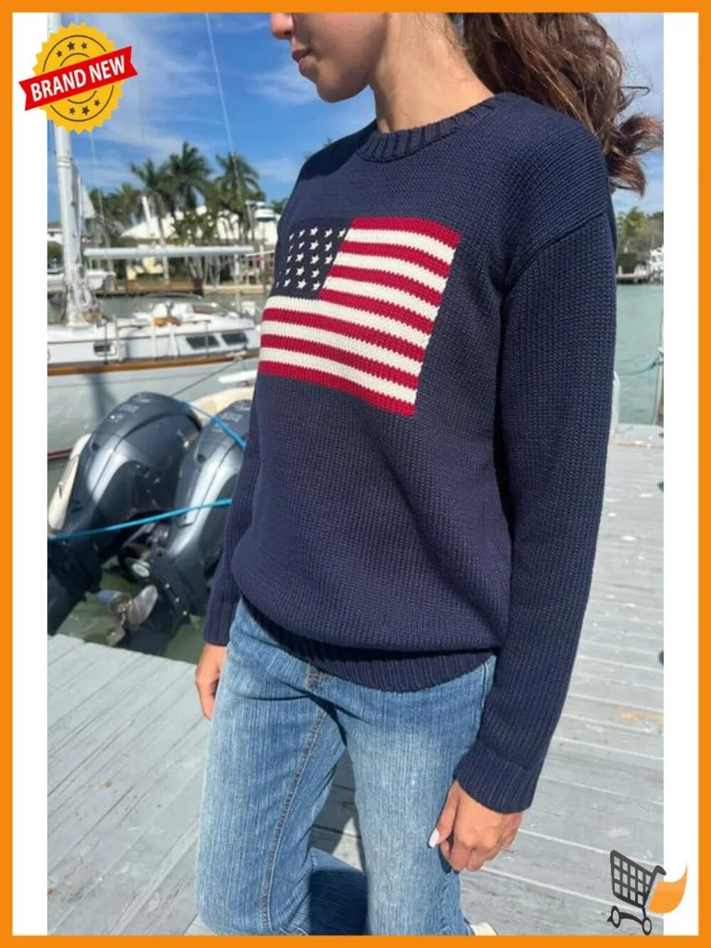 American Flag Crew Neck Loose Fit Knit Pullover Sweater