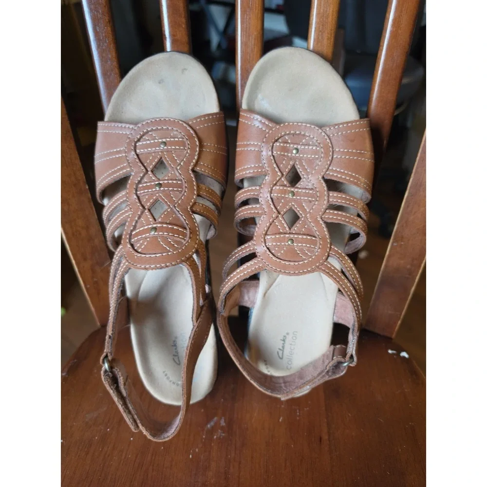 Clarks Brown Leather Strappy Buckle Flat Sandals Women's US 10 Stitched
