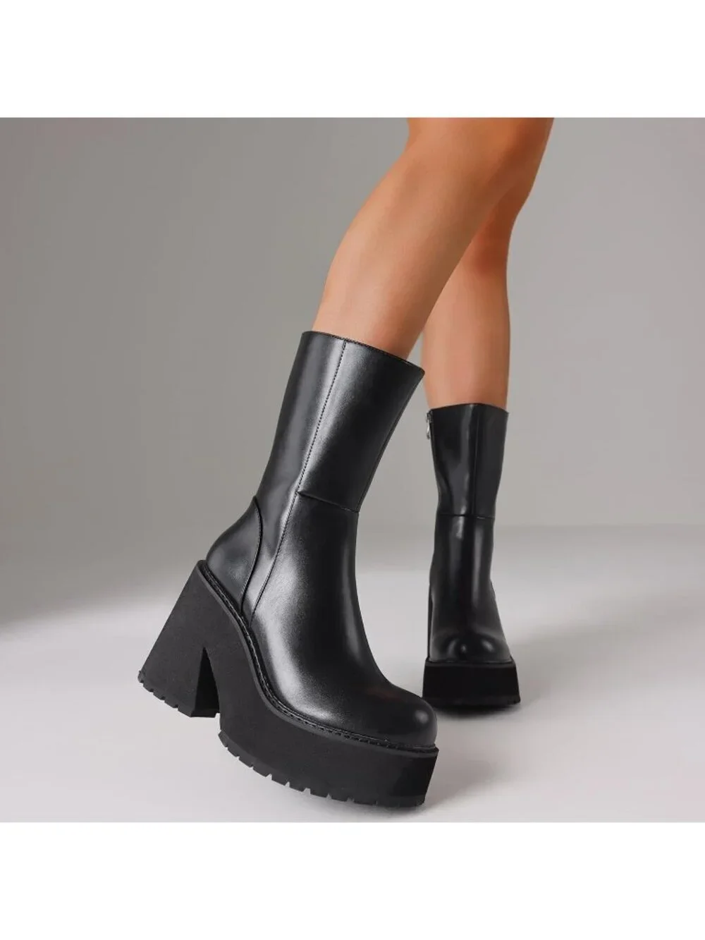 Womens Black Rubber Wedge Heel Platform Mid Calf Zipper Round Toe Ankle Boots