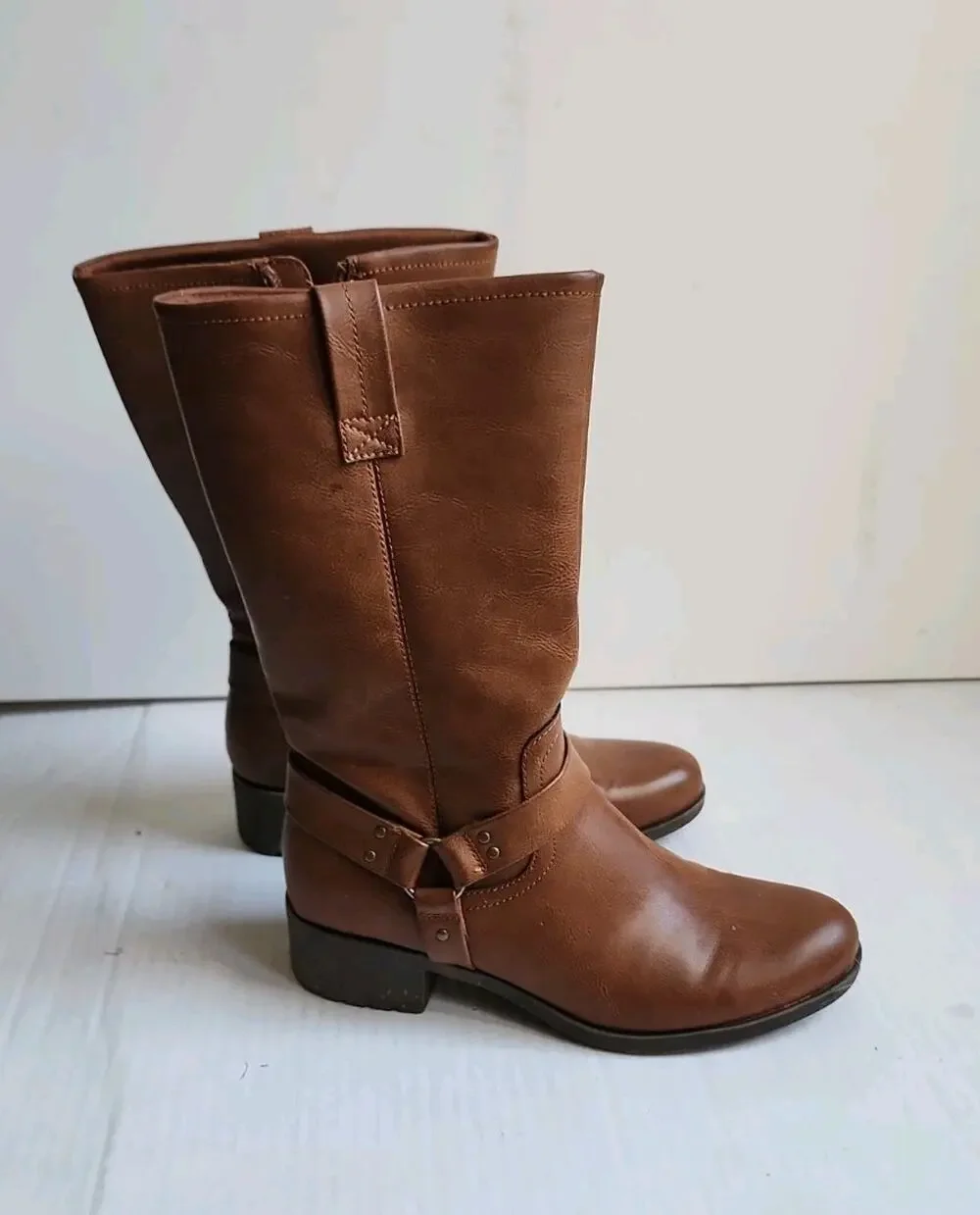 Women's Size 7M Frye and Co Eveline Block Heel Motorcycle Boots Brush Brown