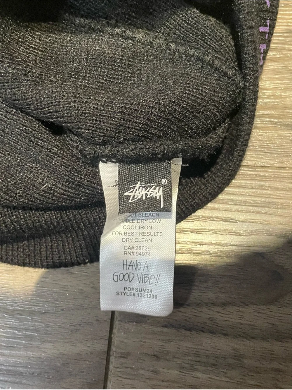 Stussy Black Beanie with Blue-Outlined Purple Logo