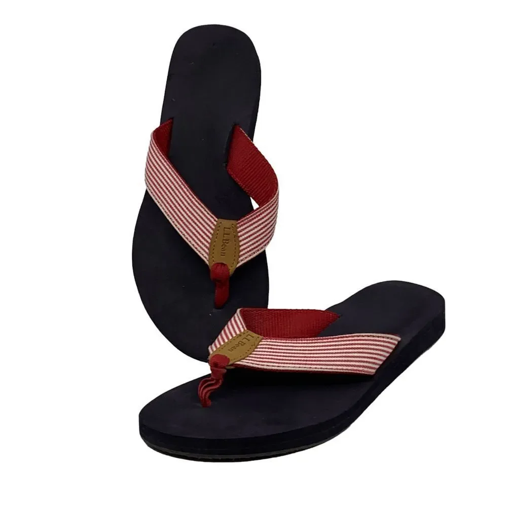 L.L. Bean Women's Main Isle Flip Flop‎ Sandals Thong Red/White Stripes Size 9 M