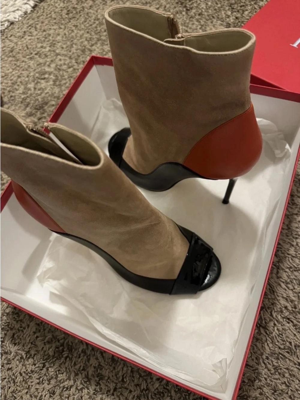 CH Carolina Herrera Suede & Leather Colorblock Ankle Boots in Beige/Black/Orange