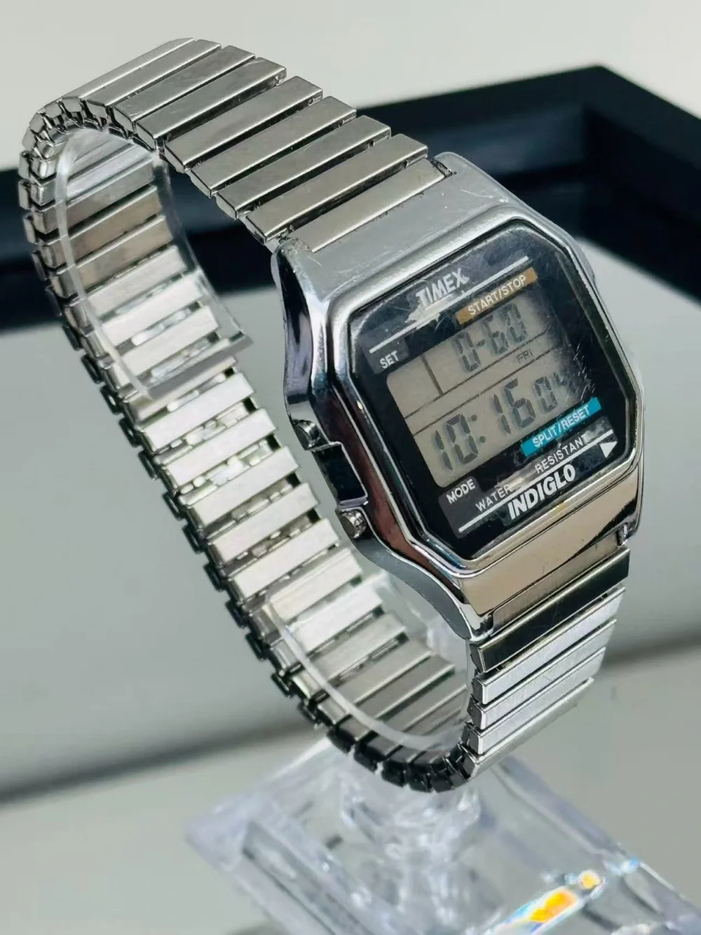 Timex Silver Digital Indiglo Watch with Black Dial Accents