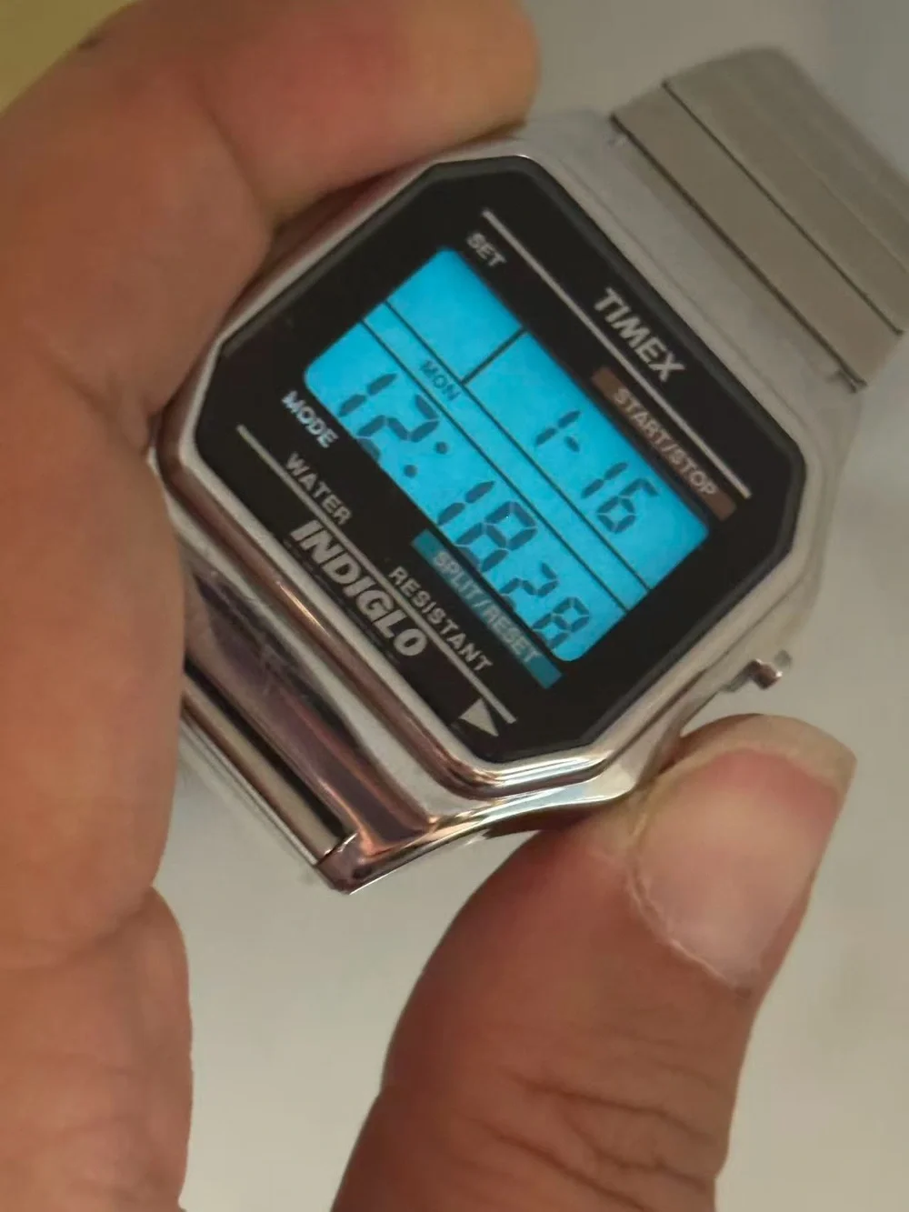 Timex Silver Digital Indiglo Watch with Black Dial Accents