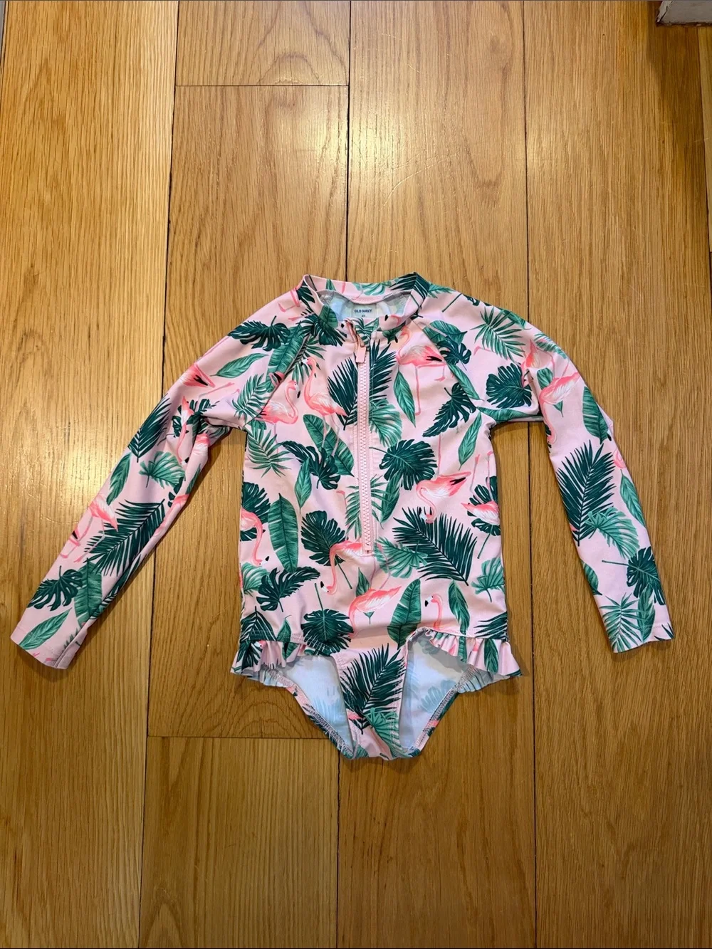 Old Navy Girls' Pink Flamingo & Green Palm Long Sleeve Rashguard