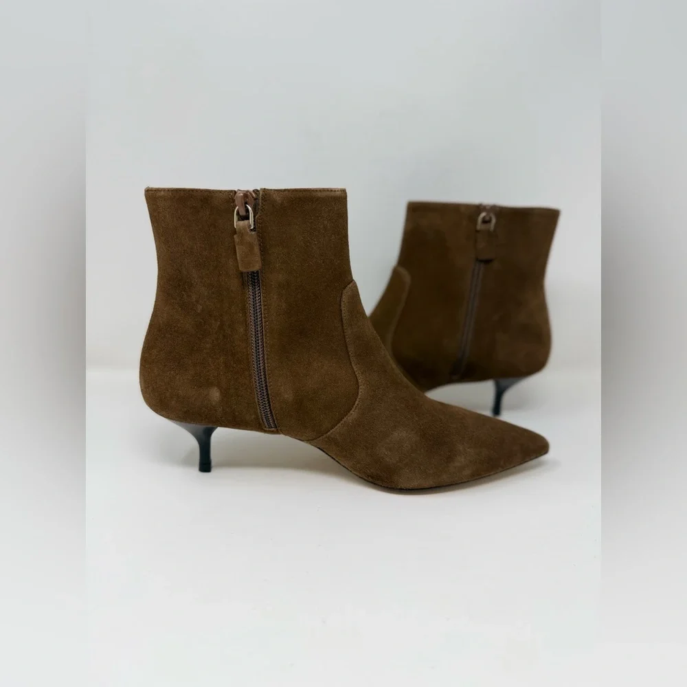 New Stuart Weitzman Mara Zip Suede Bootie Espresso Sz 8.5