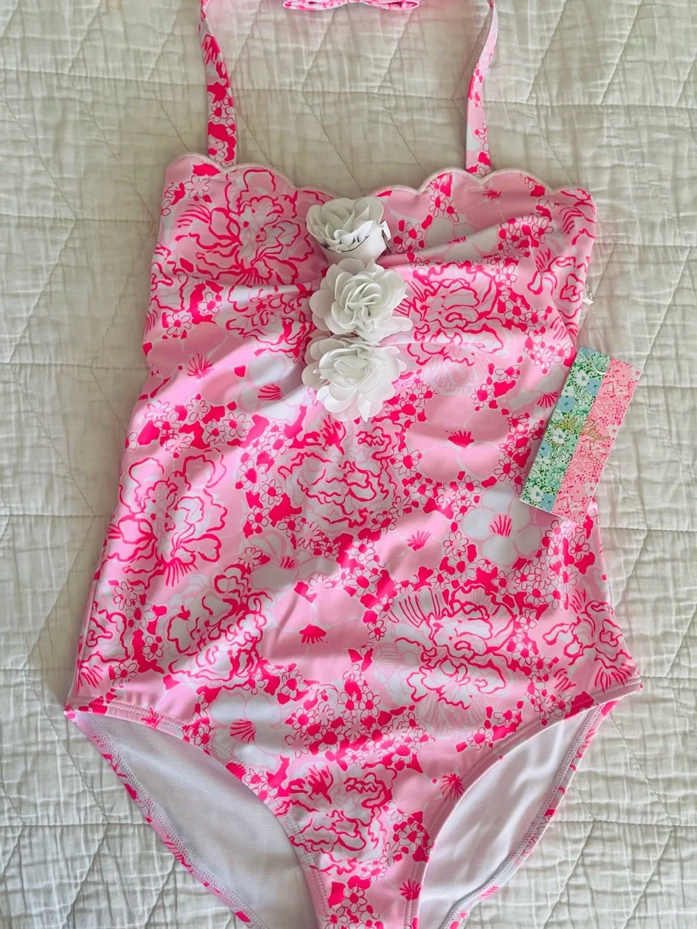 Lilly Pulitzer Janie & Jack Pink Floral One-Piece Swimsuit with White Rosettes