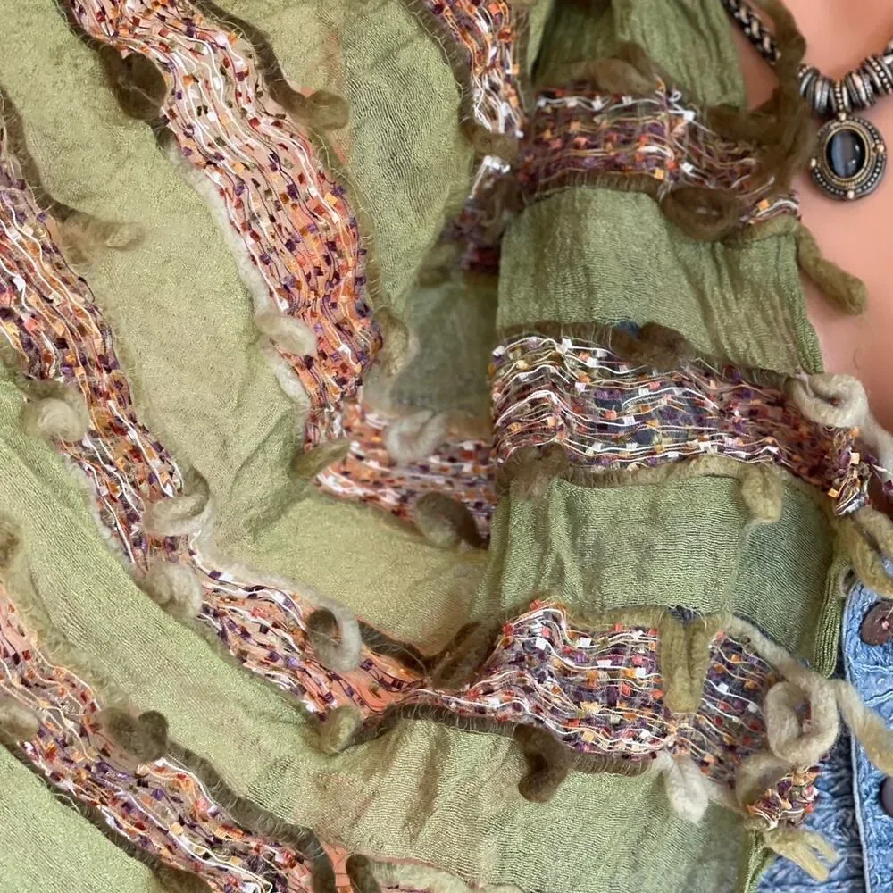 Vintage 90s Y2K Scala Collezione Textured Fringe Scarf Olive‎ Green Boho Crinkle