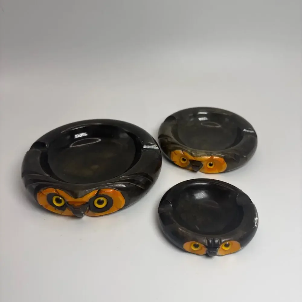 Rare Vtg Alabaster Nesting Set 3 Owl Ashtray/Candy Trinket Dish Made in Italy