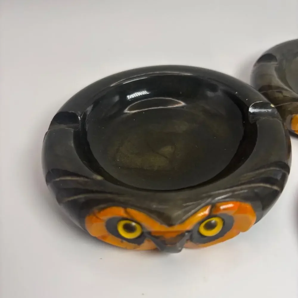 Rare Vtg Alabaster Nesting Set 3 Owl Ashtray/Candy Trinket Dish Made in Italy