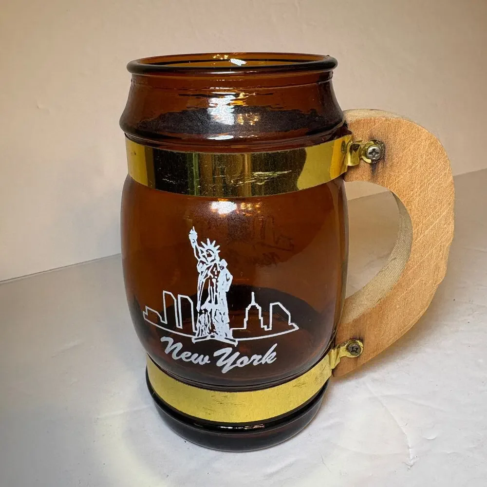 Vintage New York City NYC Statue of Liberty Souvenir Brown Glass Barrel Mug Wood