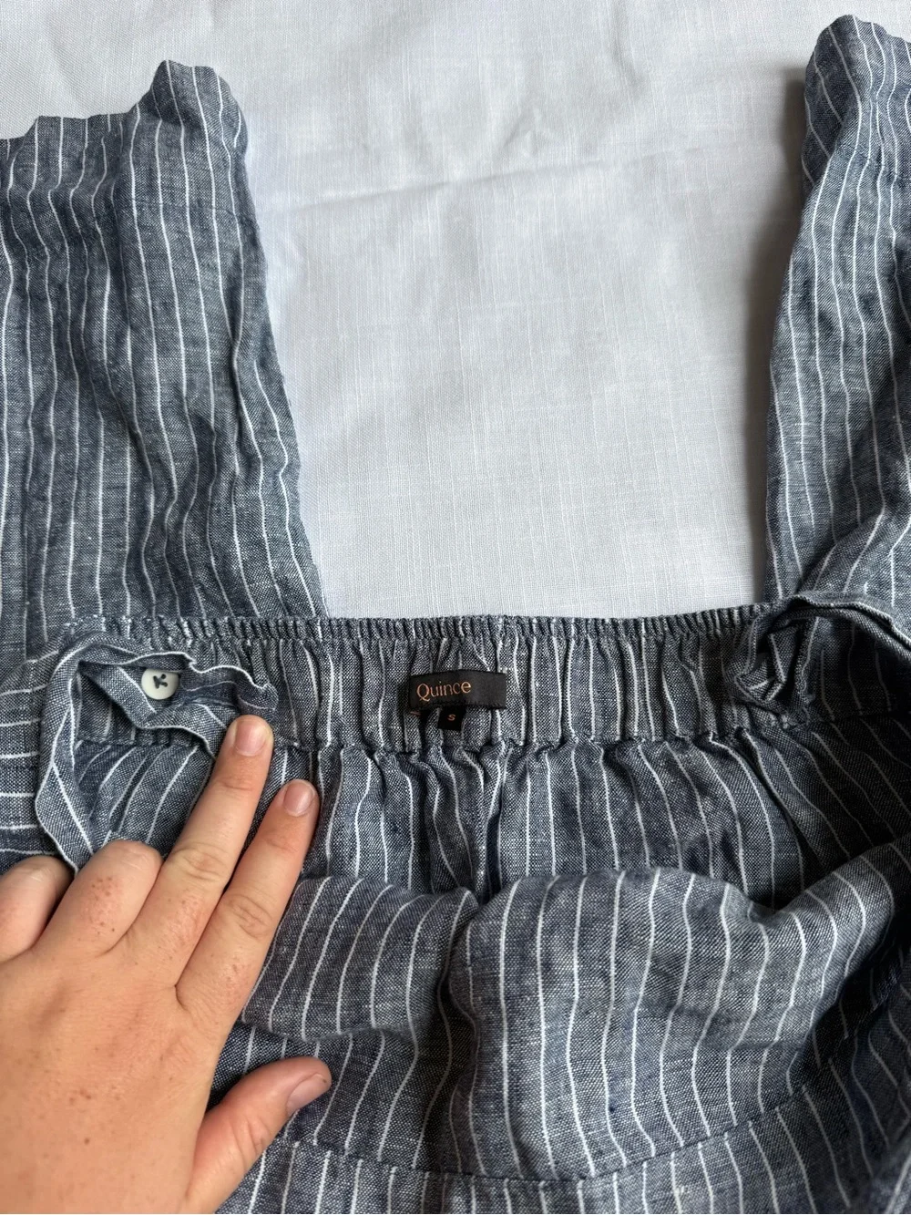 Quince 100% European Linen Square neck Jumpsuit in Blue and White