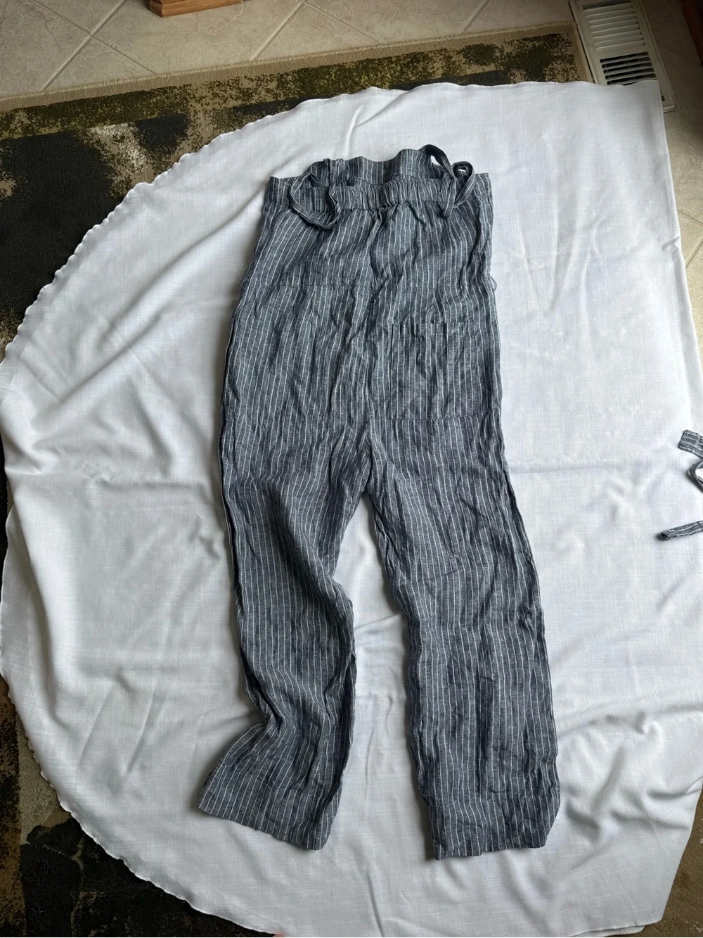 Quince 100% European Linen Square neck Jumpsuit in Blue and White