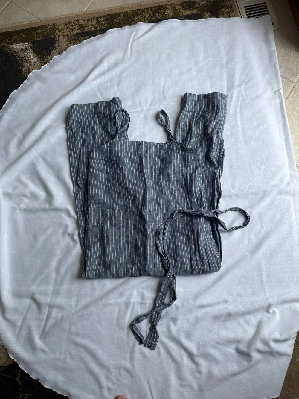 Quince 100% European Linen Square neck Jumpsuit in Blue and White