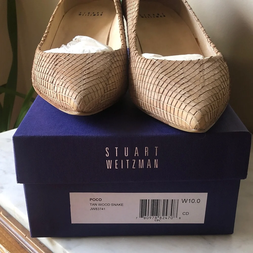 Stuart Weitzman Tan Wood Snake Pointed-Toe Kitten Heels
