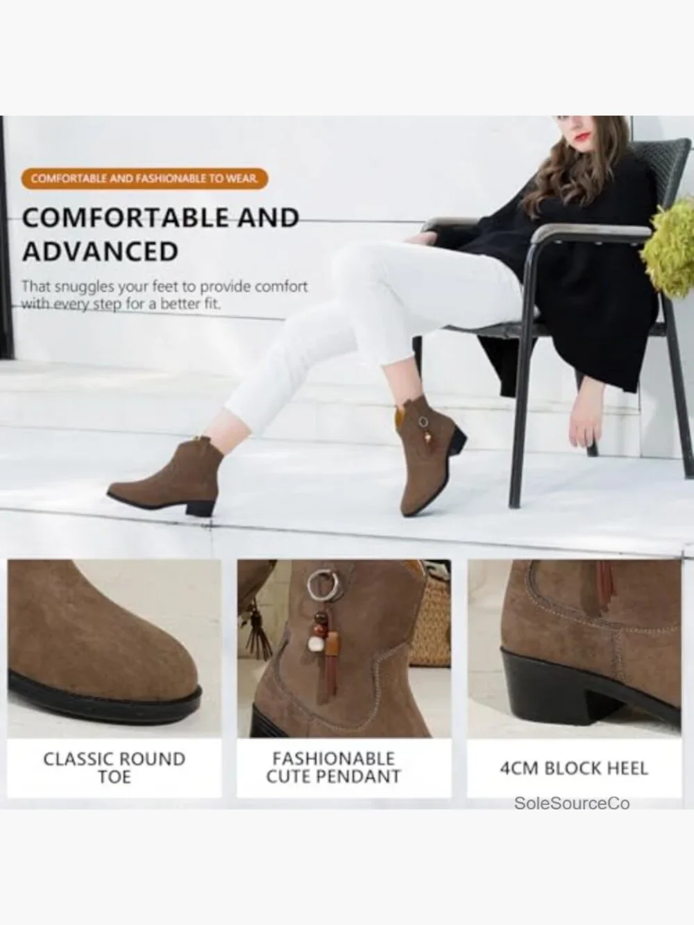 Women's Suede Ankle Boots Low Block Heel Buckle Strap Western Style