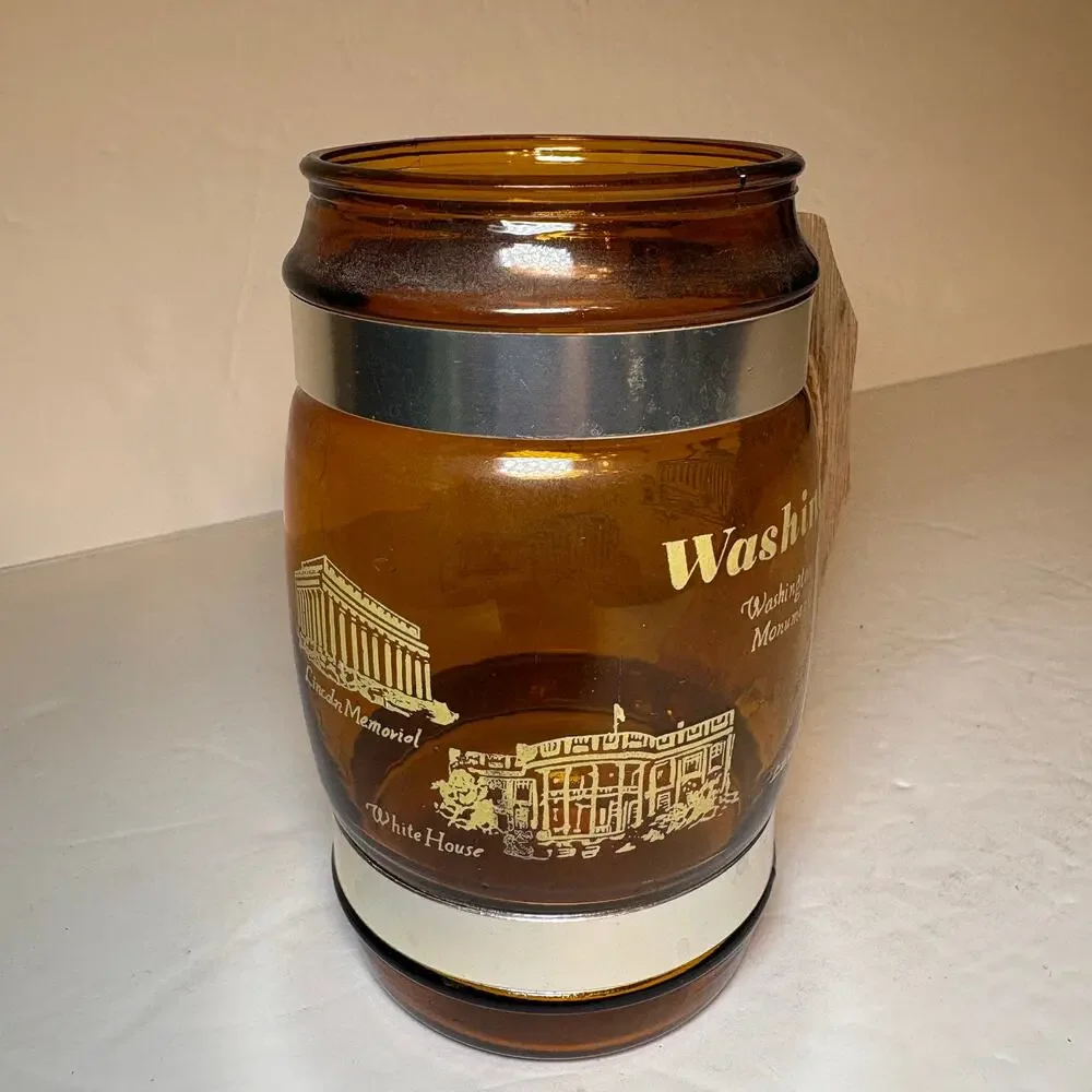 Vintage Washington D.C. Monuments Souvenir Brown Glass Barrel Mug Wood Handle