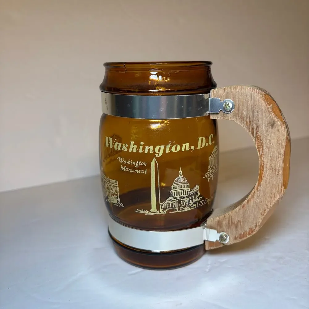 Vintage Washington D.C. Monuments Souvenir Brown Glass Barrel Mug Wood Handle