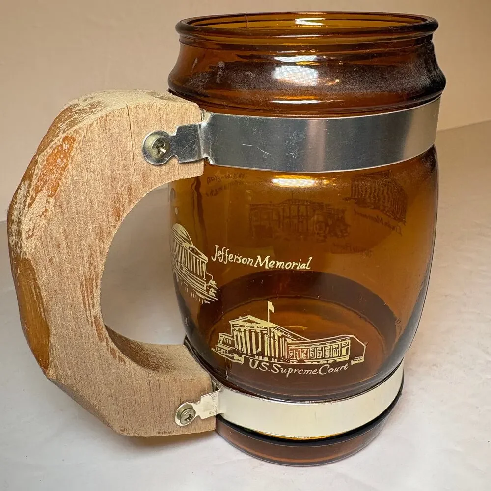 Vintage Washington D.C. Monuments Souvenir Brown Glass Barrel Mug Wood Handle