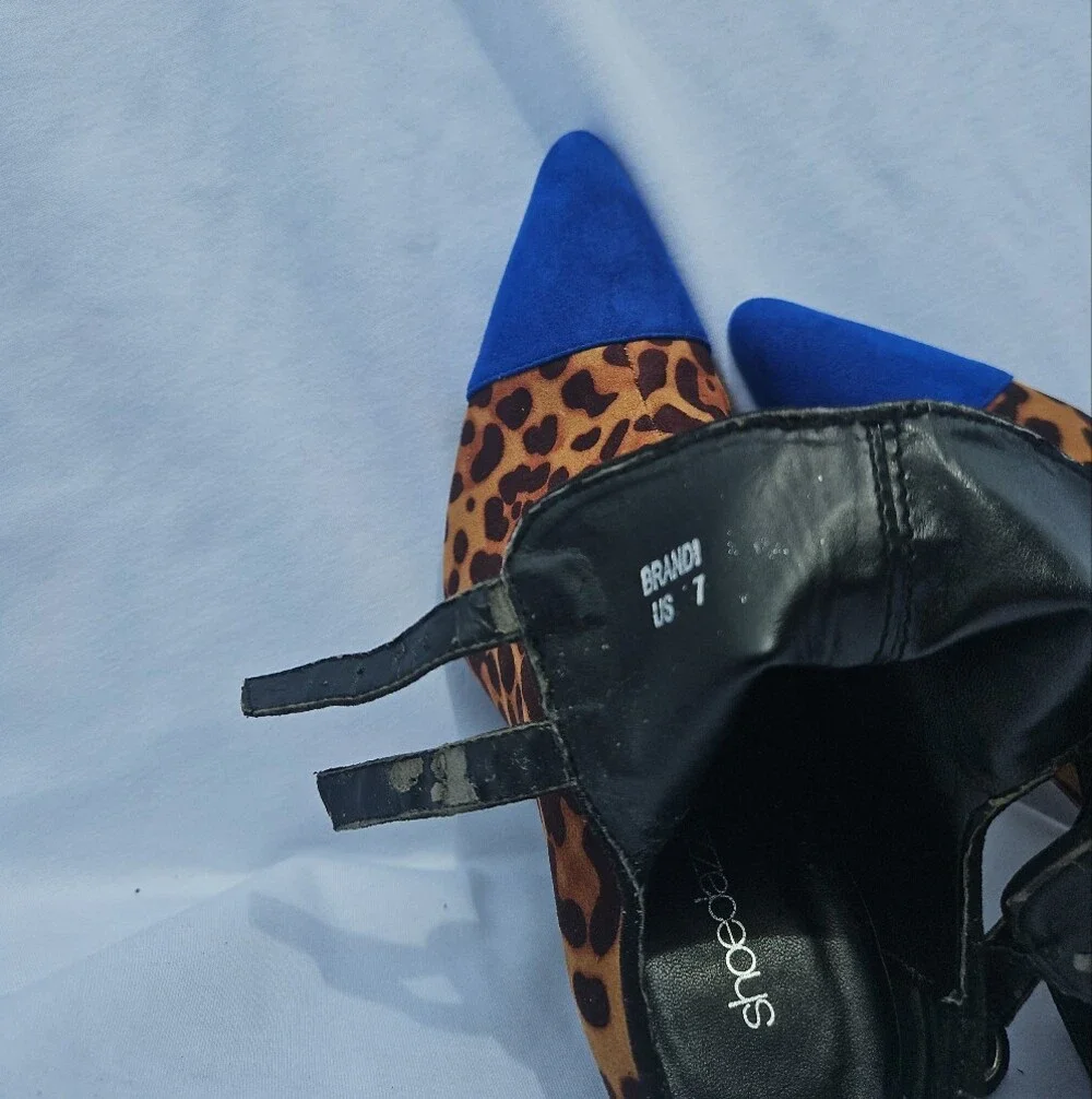 Shoe Dazzle Leopard Print Ankle Booties with Blue Toe Cap