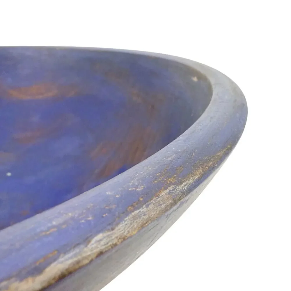 large wooden BOWL distressed blue 13