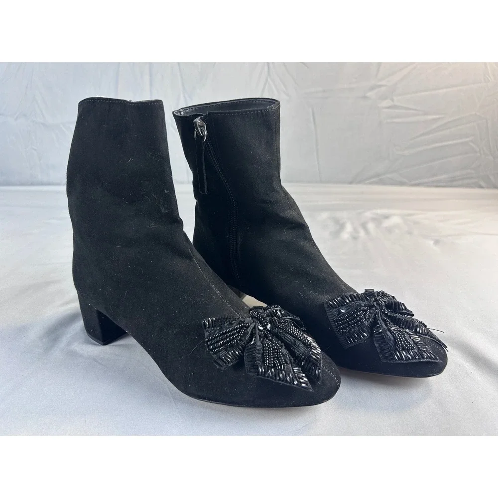 Zara Basic Blk Faux Suede Beaded Bow Ankle Boots Block Heel 6080/201/040 Size 37