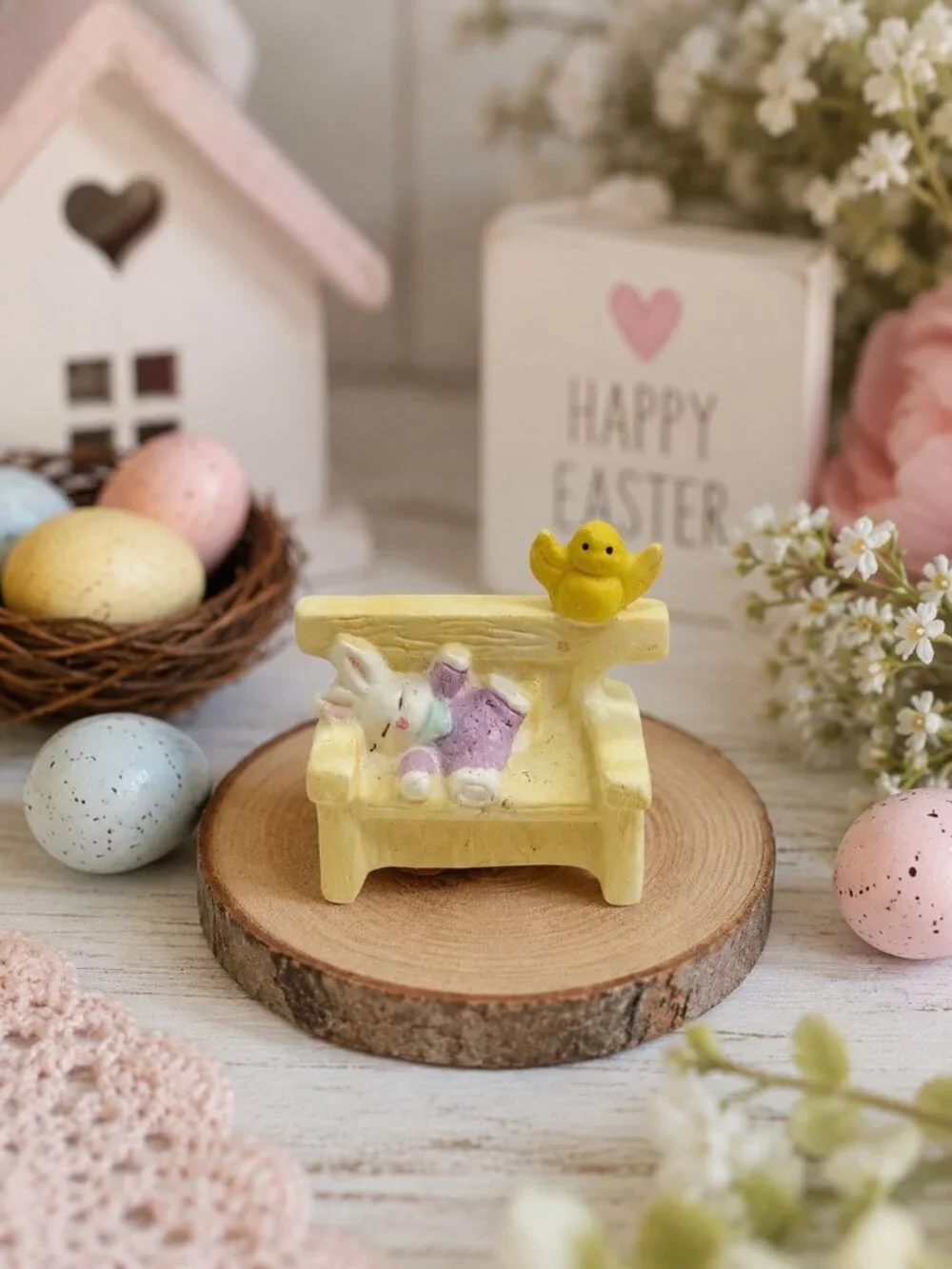Vintage Easter Bunny Bench Figurine Sleeping Rabbit Chick Resin Mini Decor