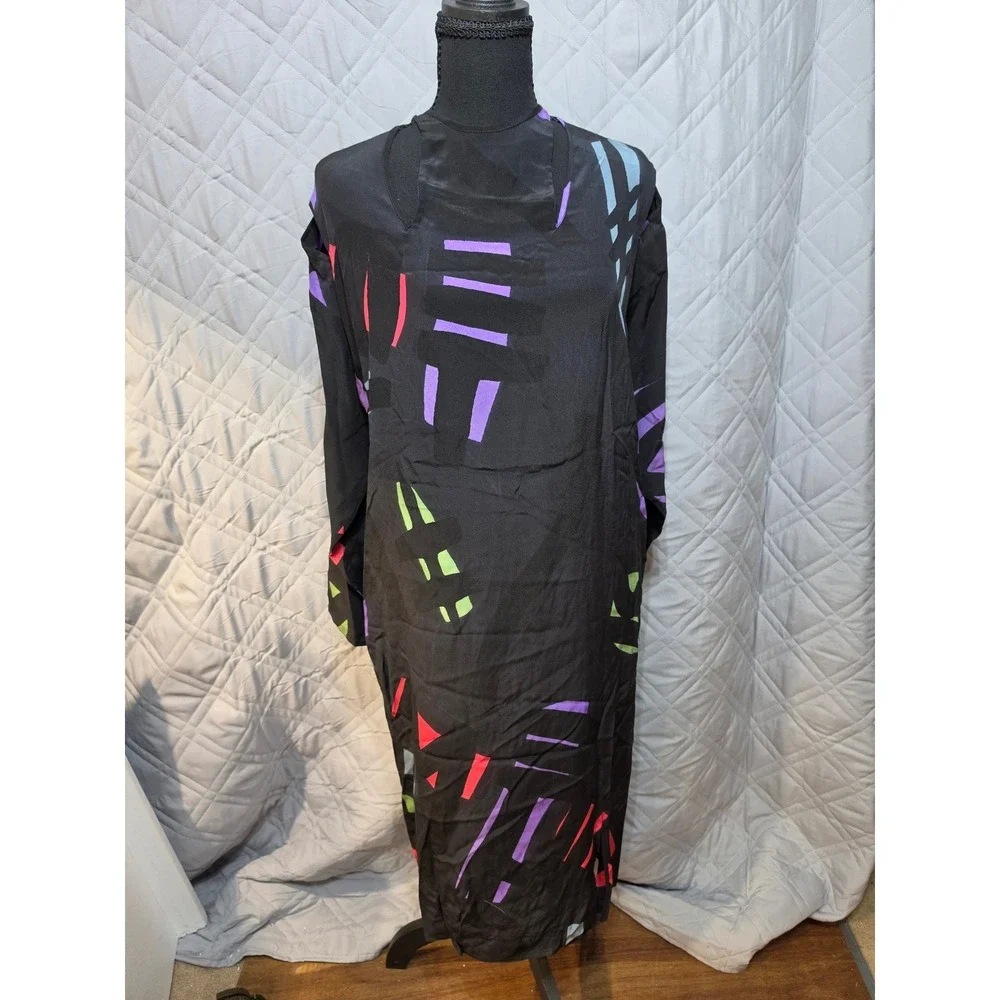 Babacho for Nicole 4 Pc Silk Dress Set Pants Scarf Belt Geometric Abstract Black