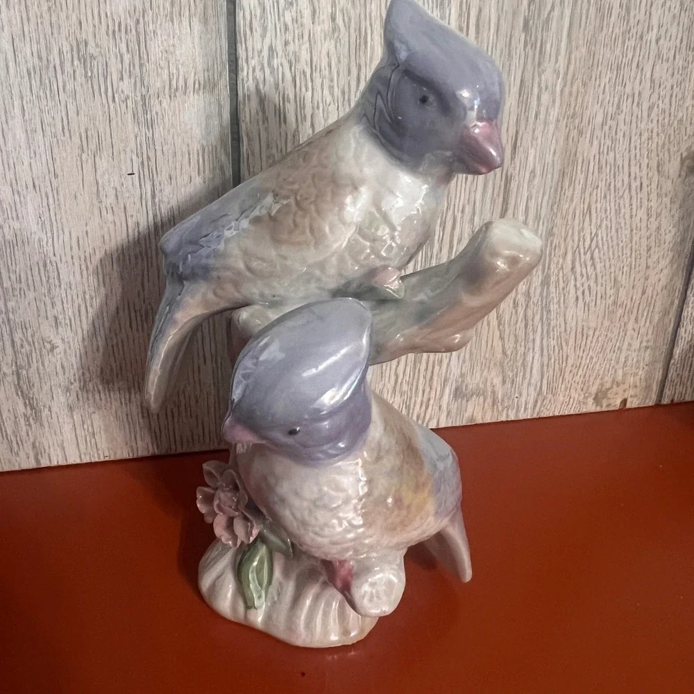 Vintage Lusterware Blue Jay Pair Ceramic Figurine Pearlescent Bird Statue 7.5