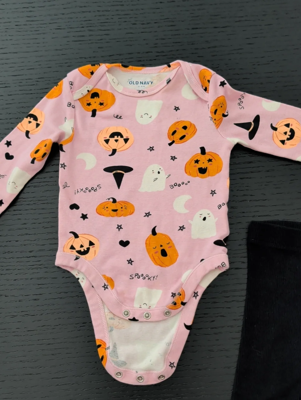 Lot Girl 12M Halloween Onesie & Black Pants Pumpkins Ghosts